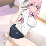  blush bra breasts buruma cellphone headphones large_breasts long_hair looking_at_viewer nitroplus panties panty_peek phone pink_crown pink_hair red_eyes see-through self_shot sitting smartphone smile solo super_sonico underwear wariza white_panties 