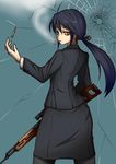  black_legwear blue_hair cartridge cigarette formal gun iwainari jacket long_hair original pantyhose pencil_skirt ponytail psl_romak rifle scope skirt skirt_suit smoking sniper_rifle solo suit weapon yellow_eyes 