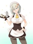  alternate_costume black_legwear blouse blue_eyes breasts cup dish enmaided frills gloves hair_ornament hair_over_one_eye hairclip hamakaze_(kantai_collection) highres kantai_collection large_breasts maid noda_eishi pantyhose pot short_hair silver_hair skirt solo tray vest white_gloves white_hair wrist_cuffs 