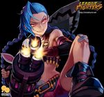  2gold belt black_background blue_hair boots braid fingerless_gloves gloves grin holding holding_weapon jinx_(league_of_legends) league_of_legends long_hair midriff pink_eyes rocket_launcher shorts smile smirk solo tattoo twin_braids weapon 