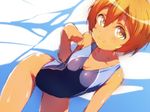  bent_over blue_swimsuit breasts brown_eyes brown_hair cleavage competition_swimsuit hair_between_eyes hoshizora_rin leaning_forward looking_at_viewer love_live! love_live!_school_idol_project one-piece_swimsuit orange_hair paw_pose petite short_hair small_breasts smile solo swimsuit yellow_eyes ytk_(yutta-p) 