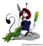  collar corset female fur hair hybrid kitsunebi lingerie looking_at_viewer red_hair smile solo unknown_species white_fur yellow_eyes 