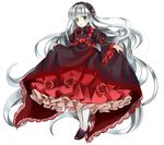  absurdly_long_hair bad_id bad_pixiv_id bangs blunt_bangs chin_strap dress flower frills full_body gosick gosick_red green_eyes hairband high_heels lolita_fashion long_hair looking_at_viewer open_mouth pantyhose ribbon silver_hair simple_background solo standing tooda_riko very_long_hair victorica_de_blois white_background white_legwear 