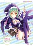  :o absurdres book breasts chain cleavage cover_image dress full_body garter_straps ginshi_no_mahoushiki green_hair grimoire hat high_heels highres knees_together_feet_apart knees_up legs legs_up long_sleeves looking_at_viewer medium_breasts mottsun orange_eyes parted_lips purple_legwear simple_background solo sparkle striped striped_background thighhighs thighs wand 