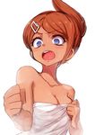  aosa_(momikin) asahina_aoi blue_eyes breasts brown_hair cleavage danganronpa danganronpa_1 dark_skin embarrassed hair_ornament hairclip medium_breasts open_mouth ponytail solo towel 