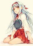  blush brown_eyes hairband japanese_clothes kantai_collection long_hair mzyk open_mouth shoukaku_(kantai_collection) silver_hair sitting solo 