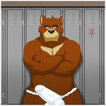  aaron_(artist) anthro balls bear biceps big_muscles big_penis black_eyes black_nose brown_fur bulge chest_tuft claws clothing crossed_arms folded_arms fundoshi fur grizzly_bear juuichi_mikazuki locker_room looking_at_viewer male mammal morenatsu muscles penis smile solo tuft underwear 