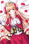  aile_(crossroads) blonde_hair blush bow breasts cinia_pacifica cinia_pacifica_(cosplay) cosplay dress flower frilled_dress frills gloves green_eyes helena_k_sink large_breasts long_hair looking_at_viewer lying on_back ribbon rose smile solo sword_girls very_long_hair 