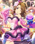  ;o artist_request blue_eyes breasts brown_hair cleavage confetti detached_sleeves dress flower hair_flower hair_ornament idolmaster idolmaster_cinderella_girls jewelry kishibe_ayaka medium_breasts mole necklace official_art one_eye_closed pink_dress pink_flower pink_rose rose solo 