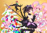  2girls 6_heart_princess bicolored_eyes black_hair briska pink_eyes pink_hair red_eyes wand 