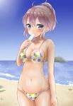  aoba_(kantai_collection) beach bikini blue_eyes breasts eating food gunner_(stardustgunner) kantai_collection looking_at_viewer medium_breasts navel ocean polka_dot polka_dot_bikini polka_dot_swimsuit popsicle purple_hair short_hair solo stomach swimsuit 