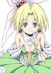  agahari bare_shoulders blonde_hair blue_eyes breasts character_request cleavage commentary_request earrings fox_junction gloves hair_bobbles hair_ornament hair_ribbon jewelry long_hair looking_at_viewer ribbon small_breasts smile solo 