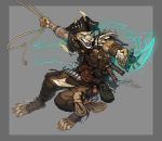  4_toes anthro bandanna barefoot blue_eyes bone claws clothed clothing cougar dagger digitigrade fangs feathers feline hat hindpaw kahito_slydeft_(artist) lurelin male mammal melee_weapon muscular paws pirate pouches rope skull_necklace smile solo swinging toe_claws toes weapon 