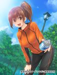  :d bent_over brown_eyes brown_hair building can cloud copyright_name day giving highres kakusei_kenkyuu_idol_lab lamppost looking_at_viewer official_art open_mouth outdoors pants plant short_hair sky skyscraper smile soda_can solo track_pants track_suit tree wacchi 