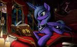  avian bed blue_eyes blue_fur blue_hair book candle crown cutie_mark equine female feral friendship_is_magic fur hair horn horse long_hair mammal moon my_little_pony night owl pillow pony princess_luna_(mlp) scroll smile solo window winged_unicorn wings yakovlev-vad 