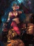  alternate_hairstyle asymmetrical_clothes bare_shoulders blessing blue_hair bubble_blowing bullet chewing_gum fingerless_gloves flat_chest gloves gun highres jewelry jinx_(league_of_legends) league_of_legends long_hair navel necklace solo tattoo thighhighs very_long_hair weapon 