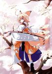  animal_ears blonde_hair branch flower fox_ears fox_tail horoyoi_kitsune in_tree katana looking_at_viewer looking_back multiple_tails original petals sheath sheathed sword tail tree tree_branch weapon 