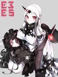  banned_artist bare_shoulders black_hair black_legwear blush breasts claws covered_nipples detached_sleeves dress gothic_lolita high_heels horn isolated_island_oni kantai_collection large_breasts lolita_fashion long_hair looking_at_viewer multiple_girls pale_skin pantyhose red_eyes ribbed_dress seaport_hime shinkaisei-kan sideboob smile sweater sweater_dress tetsubuta very_long_hair white_hair 