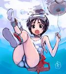  black_hair blush diving_mask diving_mask_on_head kantai_collection kawakami_rokkaku looking_at_viewer maru-yu_(kantai_collection) one-piece_swimsuit open_mouth school_swimsuit short_hair sketch solo swimsuit tears underwater white_school_swimsuit white_swimsuit 