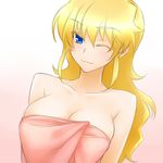  ;3 blonde_hair blue_eyes breasts cleavage collarbone excellen_browning hair_down large_breasts long_hair mayo-black naked_towel one_eye_closed smile solo super_robot_wars super_robot_wars_original_generation towel 