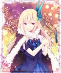  benya_(tales_weaver) blonde_hair blue_dress butterfly_hair_ornament cape dress frame hair_ornament hands_together long_hair pink_eyes smile solo tales_weaver very_long_hair yuya_(night_lily) 