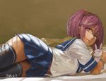  black_legwear breasts dappled_sunlight hair_between_eyes kantai_collection lying medium_breasts navel on_stomach pink_eyes pink_hair sazanami_(kantai_collection) school_uniform serafuku smile solo sunlight thighhighs toro_(konirio) twintails wristband zettai_ryouiki 