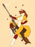  anthro anti-tank anti-tank_rifle big_breasts black_nose blue_eyes breasts brown_hair canine cannon chest_tuft female fluffy_tail fox fur gun hair long_hair looking_at_viewer mammal nude ranged_weapon rifle smile socks solo starfighter tuft weapon 
