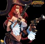  2gold bangs black_background blue_eyes detached_sleeves dual_wielding gun hat holding holding_weapon league_of_legends long_hair midriff navel open_mouth pants pirate pirate_hat red_hair sarah_fortune smirk solo tank_top tricorne weapon 