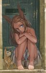  animal animal_ears bangs bare_legs bare_shoulders barefoot blue_eyes braid brown_hair cat dated dress knees_to_chest long_hair no_panties original parted_bangs solo squatting strapless strapless_dress toro_(konirio) white_dress 