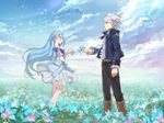  1girl benya_(tales_weaver) blue_hair caesty dress_shirt field flower flower_field hair_flower hair_ornament height_difference joshua_von_arnim long_hair red_eyes scythe shirt tales_weaver very_long_hair 