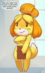  ? animal_crossing anthro atryl barefoot breasts canine clipboard convenient_censorship covering cute dog english_text female fur happy hi_res isabelle_(animal_crossing) mammal nintendo nude open_mouth question smile solo standing text video_games 