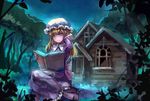  absurdres blonde_hair blue_eyes book bow dress forest hand_in_hair hat highres house light_smile long_hair long_sleeves maribel_hearn mob_cap myero nature night open_book outdoors reading shoes sitting sky solo touhou yokozuwari 