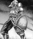  armor belt bokkori breastplate buckle cropped demon's_souls full_armor greaves greyscale helmet knight male_focus monochrome non-web_source pants pauldrons sheath shield slayer_of_demons solo souls_(from_software) sword weapon 