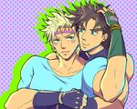  blonde_hair brown_hair caesar_anthonio_zeppeli fingerless_gloves gloves green_eyes headband jojo_no_kimyou_na_bouken joseph_joestar_(young) matsuda65 multiple_boys 