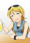  alcohol aqua_eyes bad_id bad_pixiv_id beer blonde_hair casual cup drunk eyewear_on_head highres kousaka_kirino long_hair mug official_style ore_no_imouto_ga_konna_ni_kawaii_wake_ga_nai sakaki_youma sunglasses 