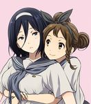  asymmetrical_hair black_hair blue_eyes braid brown_eyes brown_hair double_bun hair_between_eyes hair_bun hairband hug hug_from_behind hyouka irisu_fuyumi long_hair multiple_girls rito453 sawakiguchi_misaki school_uniform serafuku yuri 