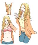  \o/ arms_up blonde_hair blue_eyes bra jewelry long_hair looking_at_viewer navel necklace open_mouth original outstretched_arms pants pink_bra shirt_lift simple_background smile solo_focus underwear white_background yanagida_fumita 