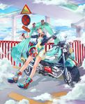  39 absurdres boots cgiftrsnut cloud dress electric_guitar frown green_eyes green_hair ground_vehicle guitar hatsune_miku headphones headphones_around_neck highres instrument long_hair motor_vehicle motorcycle railing sign sky solo thumbs_down twintails very_long_hair vocaloid watch 