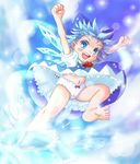  blue_dress blue_eyes blue_hair bow cirno clenched_hands daiso dress hair_bow hair_ribbon hands_up ice ice_wings kicking open_mouth panties raised_fists ribbon smile solo touhou underwear wings 