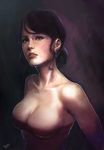  2014 black_hair blue_eyes breasts cleavage collarbone dated dress earrings emerald highres jewelry medium_breasts original painterly red_dress signature socha_(pixiv99744) solo strapless strapless_dress 
