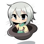  belt blouse blue_eyes blush chibi error green_skirt grey_hair hat hat_basket hat_removed headwear_removed in_hat komeiji_koishi long_sleeves minigirl o3o riding short_hair simple_background skirt solo speed_lines touhou twumi white_background yellow_blouse 