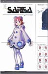  dress fonewearl gloves hair_ornament highres long_sleeves looking_at_viewer partially_translated phantasy_star phantasy_star_zero red_eyes red_hair sarisa shoes short_dress short_hair simple_background smile standing translation_request white_legwear 