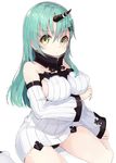  alternate_costume blush breasts cosplay detached_sleeves dress green_eyes green_hair highres horn kantai_collection kou_mashiro large_breasts long_hair long_sleeves ribbed_dress seaport_hime seaport_hime_(cosplay) shinkaisei-kan short_dress solo suzuya_(kantai_collection) white_background white_dress 