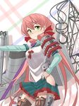  &gt;:) akashi_(kantai_collection) armor black_legwear cowboy_shot green_hair green_skirt hair_ribbon hand_on_hip highres hip_vent japanese_armor kantai_collection karaage_(ta-na) long_hair looking_at_viewer pink_hair pleated_skirt ribbon ribbon-trimmed_legwear ribbon_trim shoulder_pads sidelocks skirt smile solo standing thighhighs tress_ribbon v-shaped_eyebrows very_long_hair zettai_ryouiki 