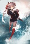  absurdres amatsukaze_(kantai_collection) bad_id bad_pixiv_id dress garter_straps hand_on_hip highres kantai_collection long_hair ocean red_eyes rensouhou-kun sailor_dress short_dress silver_hair solo swd3e2 thighhighs turret two_side_up water zettai_ryouiki 