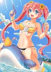  bikini bird blue_eyes eburi_a flower food highres inflatable_toy long_hair ocean original penguin pink_hair popsicle riding solo sunflower swimsuit twintails water water_gun 