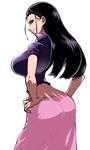  ass black_hair blue_eyes breasts contrapposto eyewear_on_head from_behind hands_on_hips highres large_breasts long_hair long_skirt looking_back midriff narrow_waist nico_robin one_piece pink_skirt shiny shiny_clothes skirt smile solo space_jin standing sunglasses white_background 