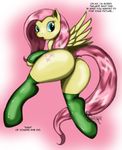  butt cutie_mark equine feathers female fluttershy_(mlp) friendship_is_magic fur hair hooves horse legwear looking_at_viewer looking_back mammal my_little_pony open_mouth pegasus pink_hair plain_background pony presenting raised_tail solo stockings suirano text wings yellow_fur 