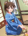  artist_request blue_eyes blush brown_hair food hair_ornament idolmaster idolmaster_million_live! indoors japanese_clothes kimono long_hair looking_at_viewer official_art open_mouth ponytail satake_minako seiza sitting smile solo 