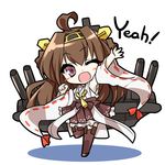  &gt;_o ahoge brown_eyes brown_hair chibi detached_sleeves hairband headgear japanese_clothes kantai_collection kongou_(kantai_collection) long_hair mtu_(orewamuzituda) nontraditional_miko one_eye_closed open_mouth simple_background skirt solo thighhighs turret white_background 